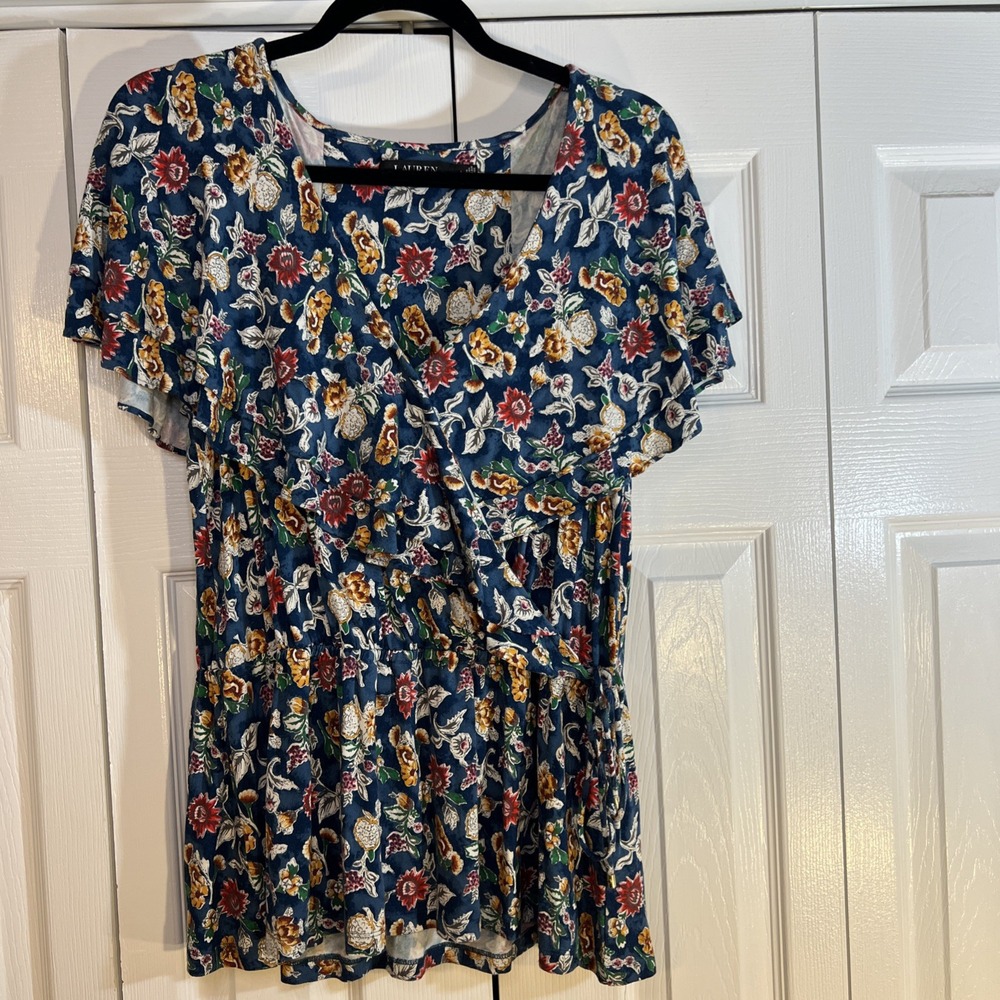 Lauren Ralph Lauren Womens Top Lg Blue Floral Jersey Surplice Ruffle Black Label